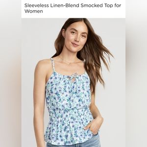 Old Navy Sleeveless Linen-Blend Smocked Top Blue Floral - small